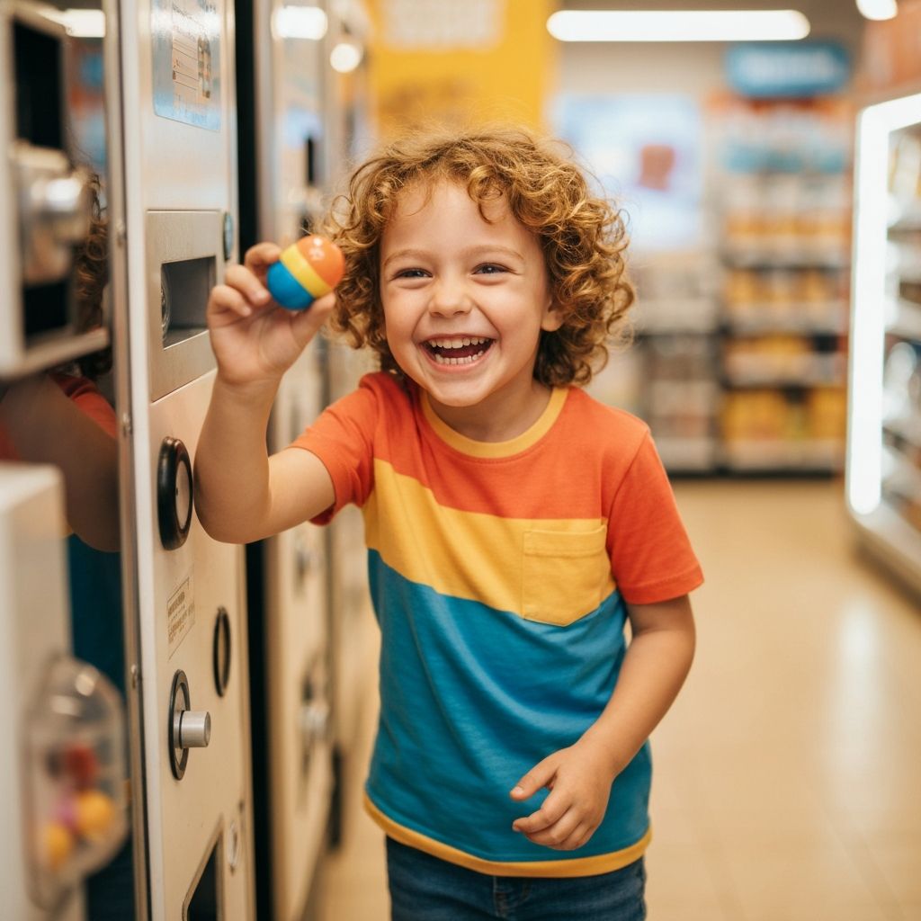 Happy child with toy from vending machine
